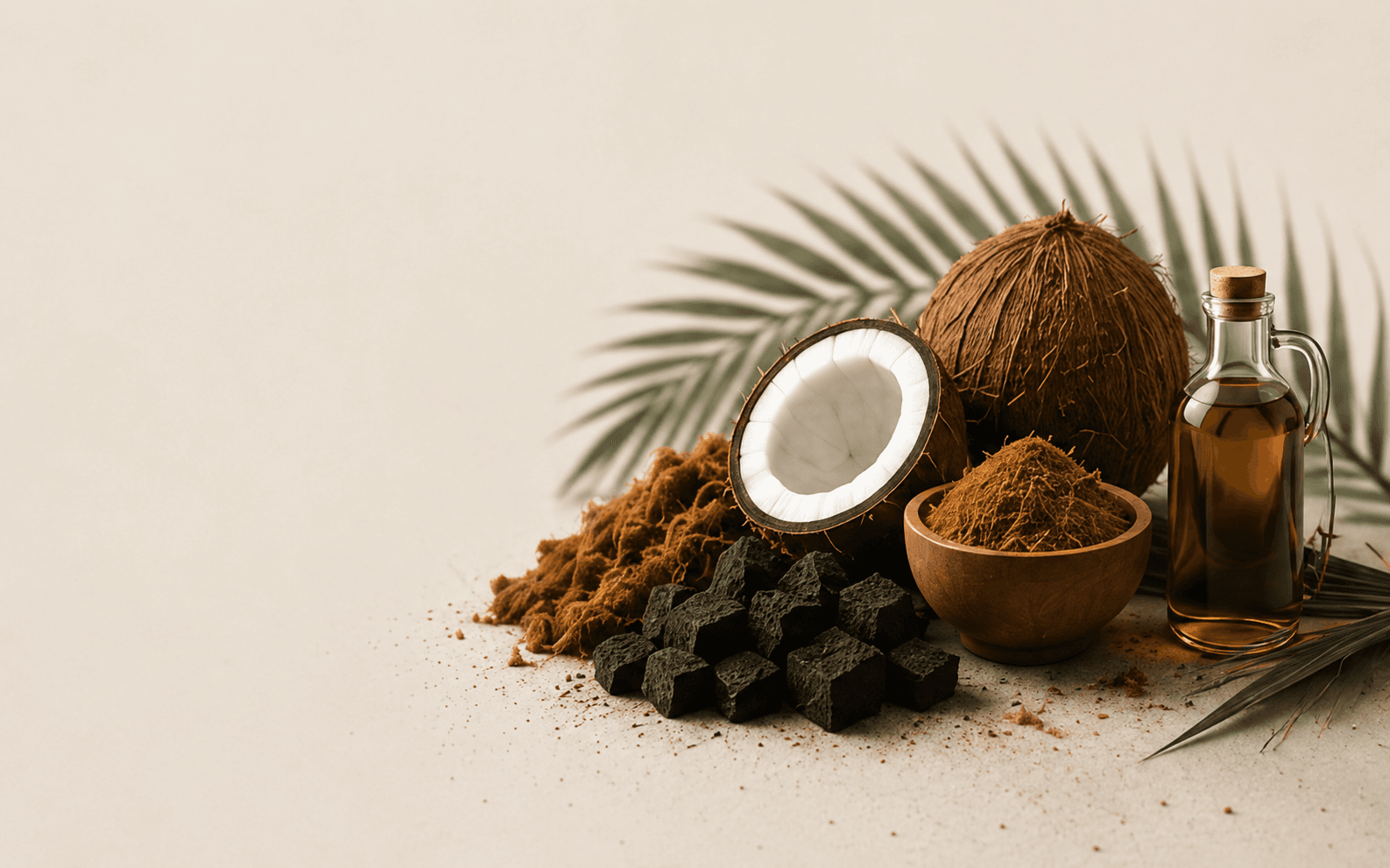 Coconut, coir, charcoal, copra and coconut oil products